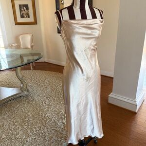 Bebe Gold Satin Draped Neck Slip Tea Length Dress NWT Size XS Party Cocktail